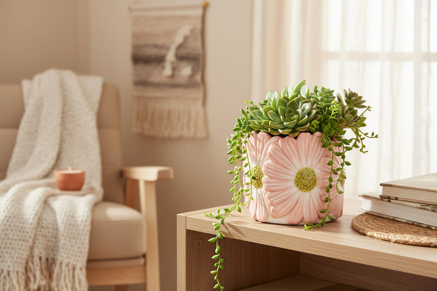 plant pot with floral design on a white background