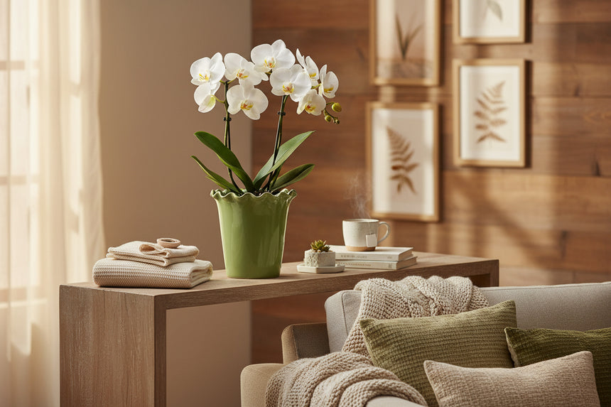 Green ceramic planter with ruffled edge on a white background