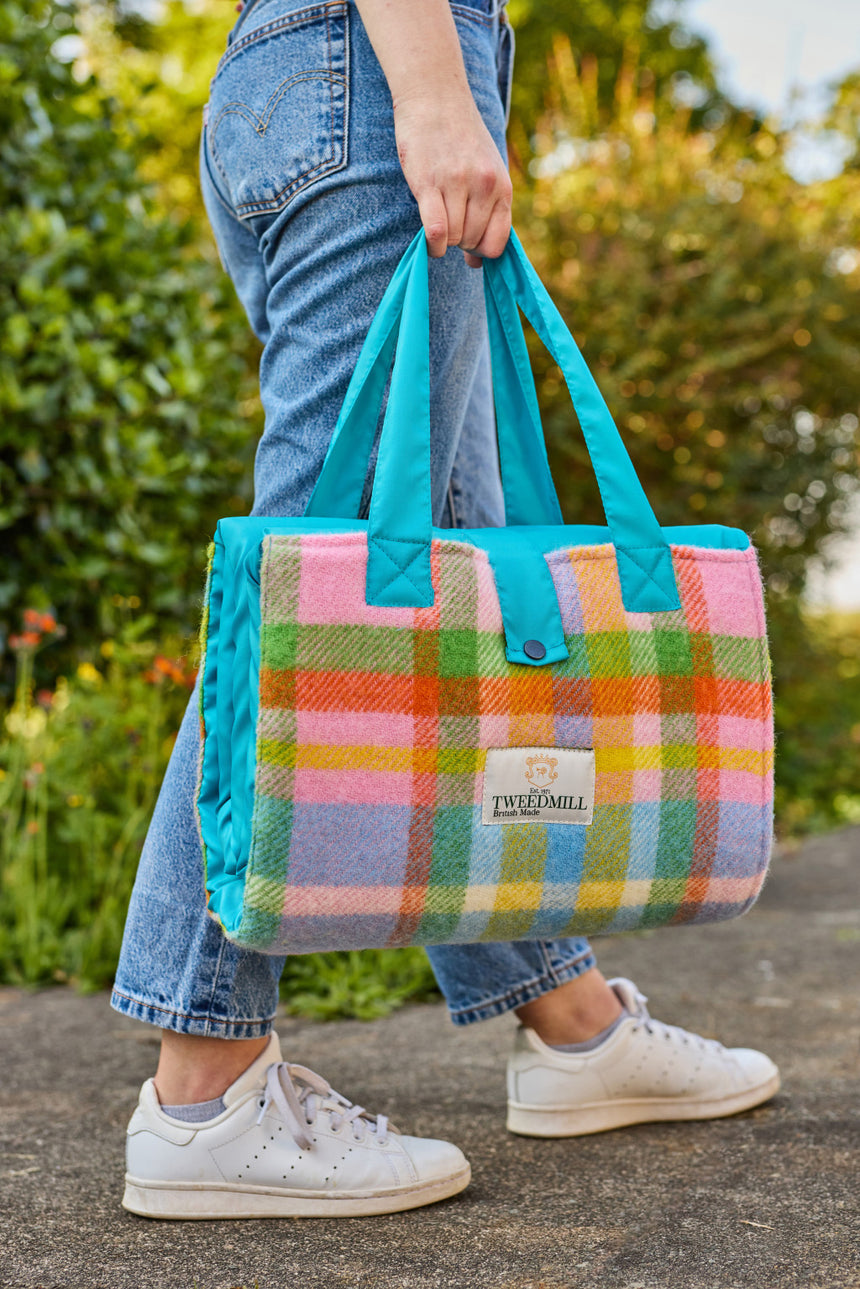 Tweedmill Festival Wool Knitted Picnic Blanket, Rainbow Check