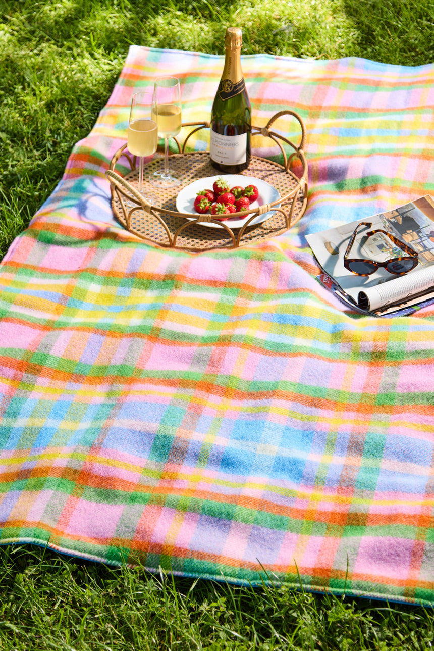 Tweedmill Festival Wool Knitted Picnic Blanket, Rainbow Check