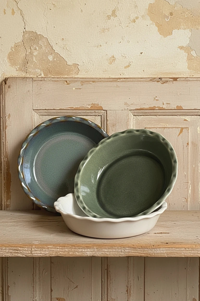 Three ceramic pie dishes with scalloped rims displayed on a light wood surface against a plain off-white wall. The front bowl is a dark green glazed oval, the back left bowl is a muted blue-green glazed round, and the back right bowl is an unglazed cream-colored oval.