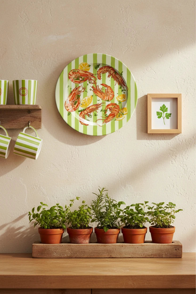 Round plate with shrimp and lemon design on a green and white striped background
