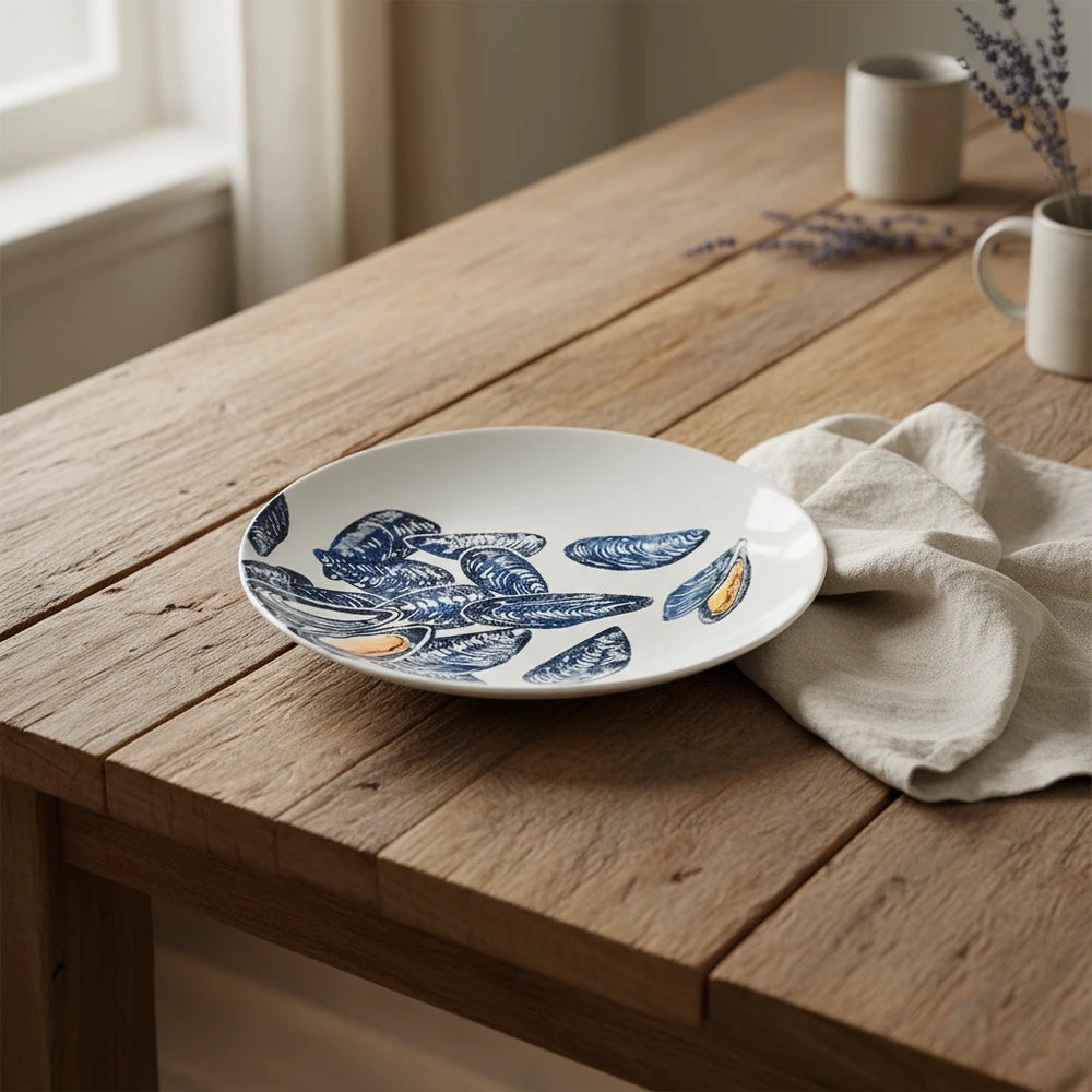 Ceramic plate with blue mussel shell design on a white background