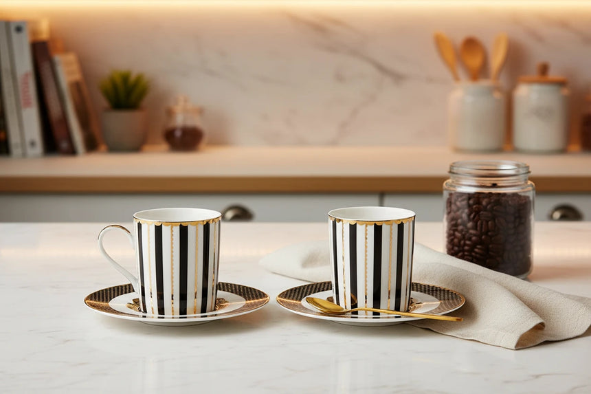 Two black and gold striped coffee cups with saucers on a white background