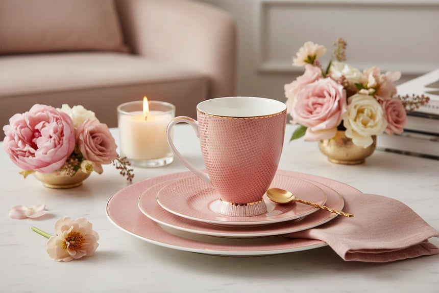 Pink mug with gold accents on a white background