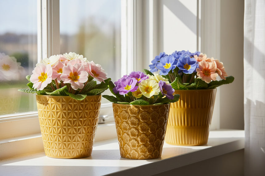 Three yellow ceramic pots with different patterns on a white background