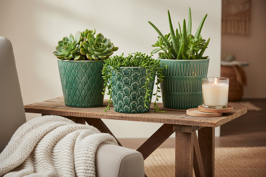Three green ceramic pots with different patterns on a white background