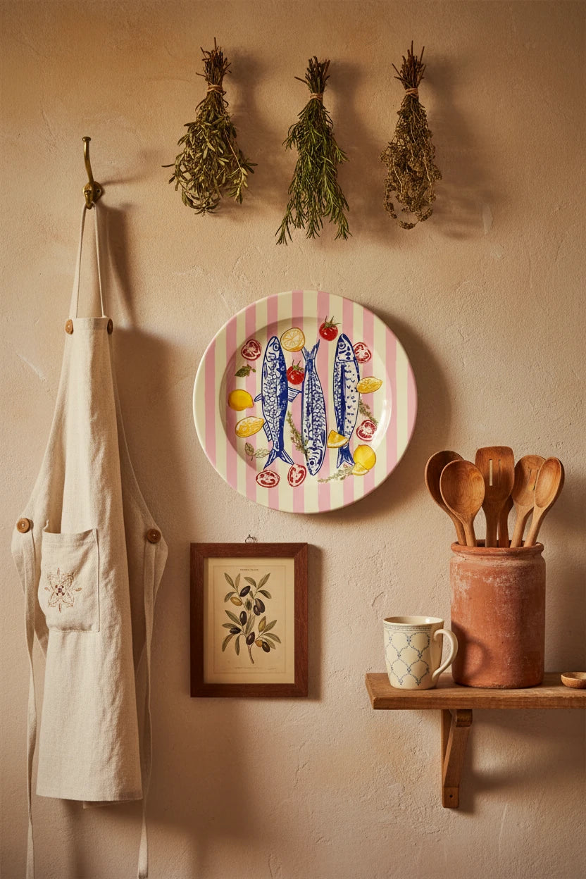 Round plate with blue fish, lemons, and tomatoes on a pink and yellow striped background