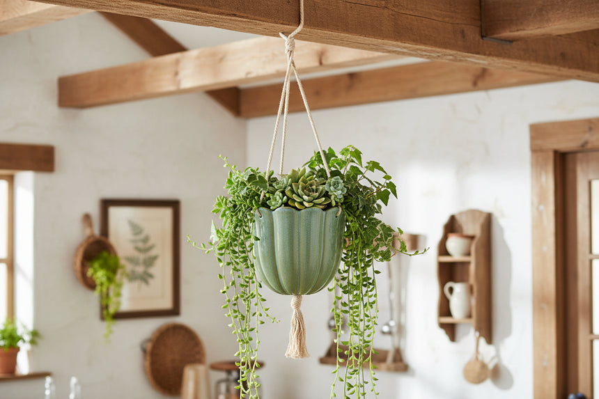 A green ceramic hanging planter with a tulip shape, featuring two birds perched on top, suspended by a cotton string.