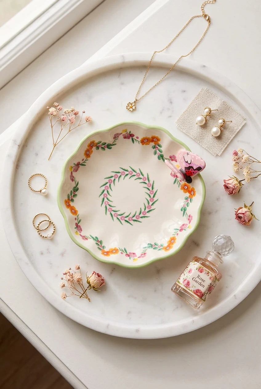 A scalloped ceramic dish with a floral wreath pattern in pink, orange, and green on a white background, featuring a small pink ladybug-shaped handle on the side, set on a wooden table.