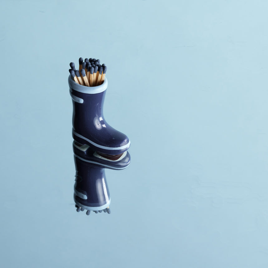 Paddywax Ceramic Wellington Boot Match Holder, Navy Blue
