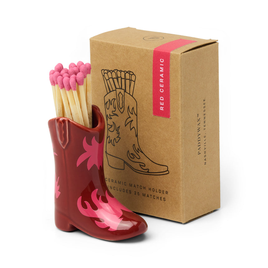 Paddywax Nashville Ceramic Cowboy Boot Match Holder, Red & pink