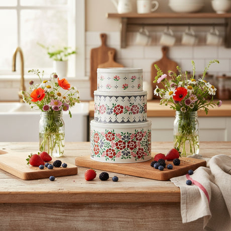 A set of three round cake tins with a beige background and a red, gray, and green floral pattern.
