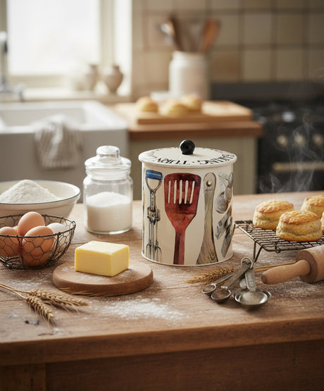 A stainless steel biscuit barrel with an airtight lid, featuring vintage baking gadget illustrations on the side. The lid has a black knob on top.