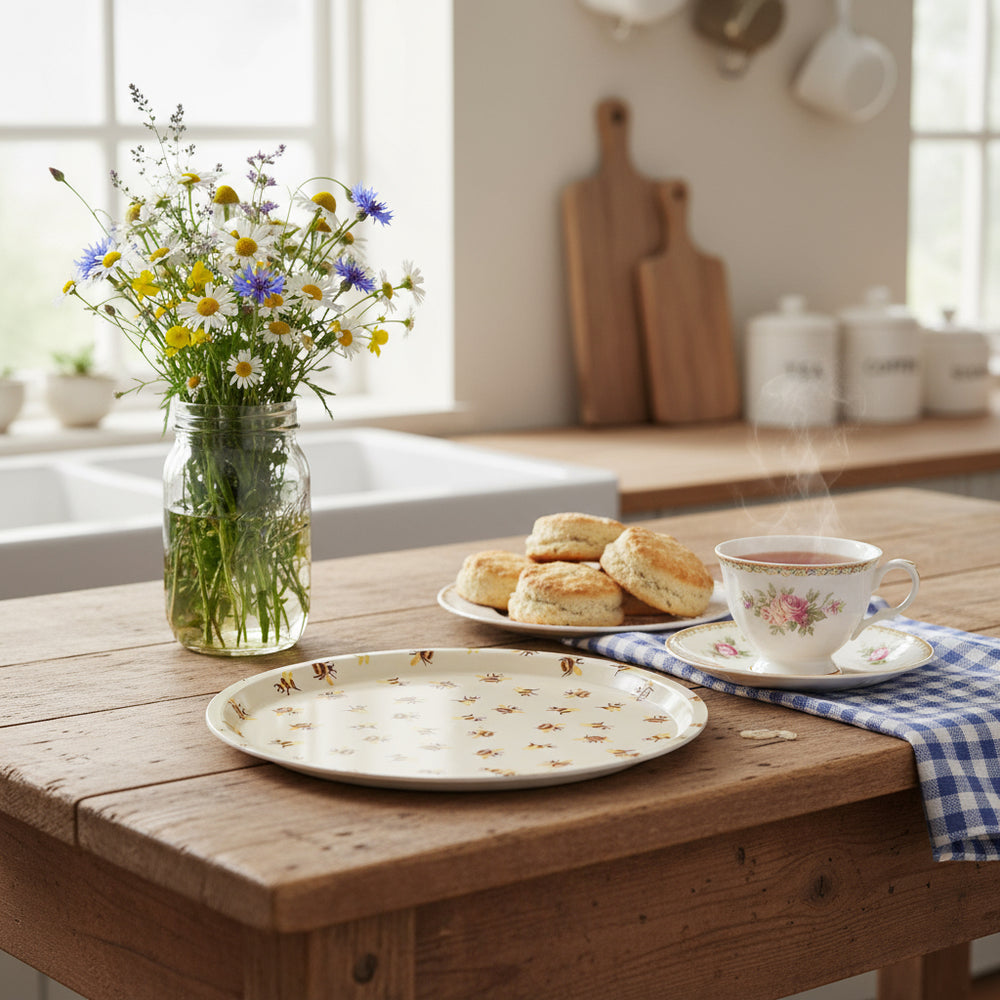 A round birch wood veneer serving tray with a pattern of bumblebees on a light background.