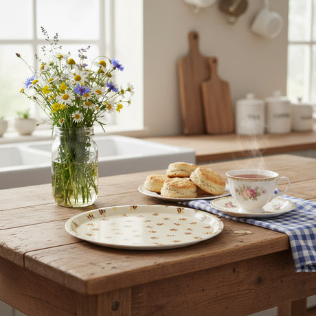 A round birch wood veneer serving tray with a pattern of bumblebees on a light background.
