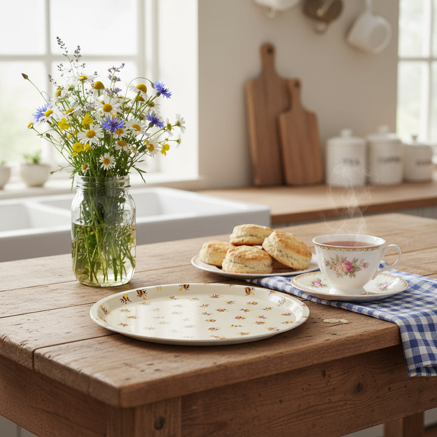 A round birch wood veneer serving tray with a pattern of bumblebees on a light background.