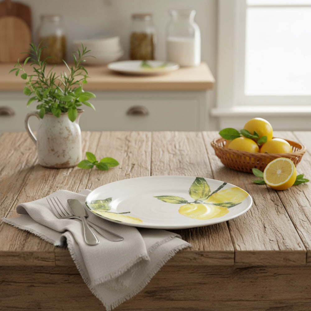 A round white earthenware serving platter with hand printed illustrations of bright Sicilian lemons on the vine.