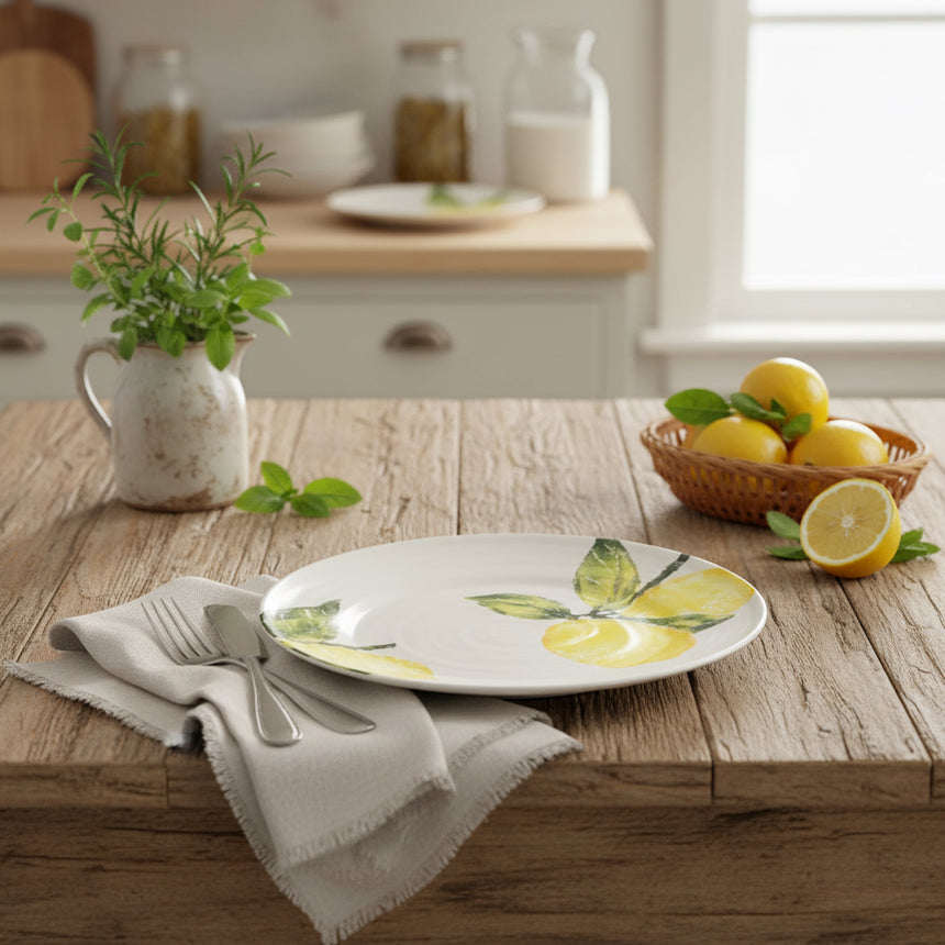 A round white earthenware serving platter with hand printed illustrations of bright Sicilian lemons on the vine.