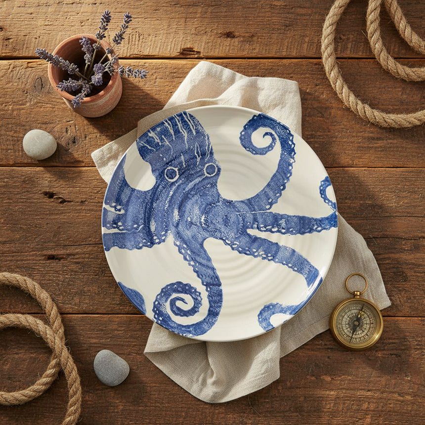 A round earthenware serving platter with a hand-printed illustration of an octopus in navy blue on a light blue background.