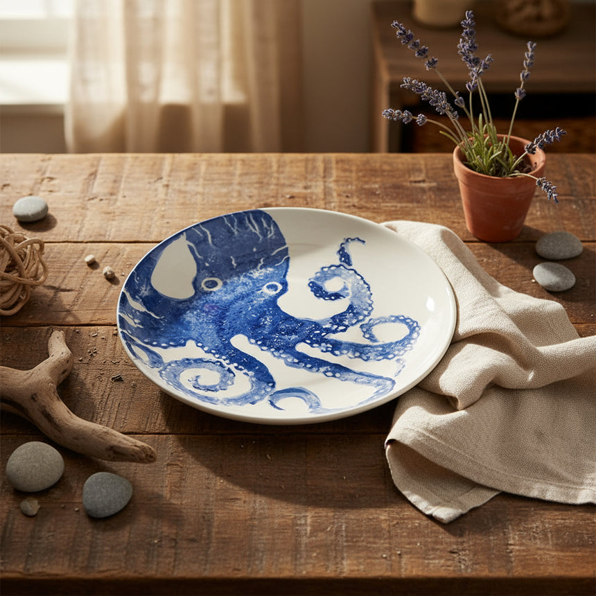 A round earthenware supper bowl with a hand-printed illustration of a flamboyant octopus in navy blue color on a white background, with a gentle scooped shape.