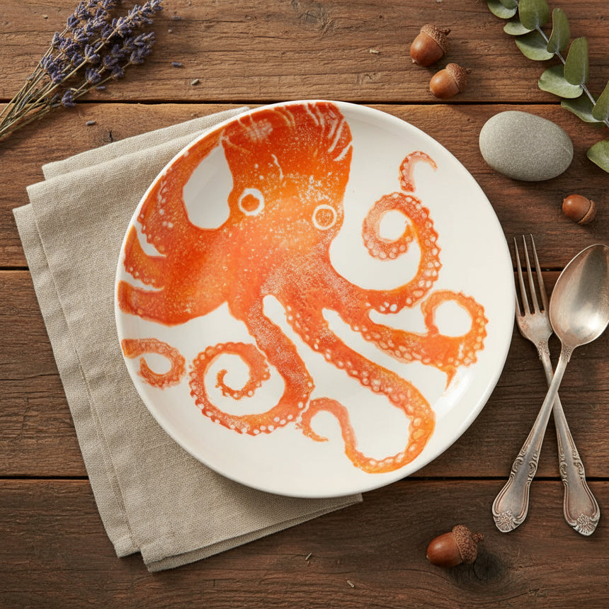 A round earthenware supper bowl with a hand-printed illustration of an orange octopus in the center, featuring a scooped shape.