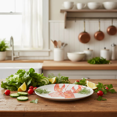 A round earthenware serving platter with a hand-printed illustration of a flamboyant lobster in bright orange color on a white background.