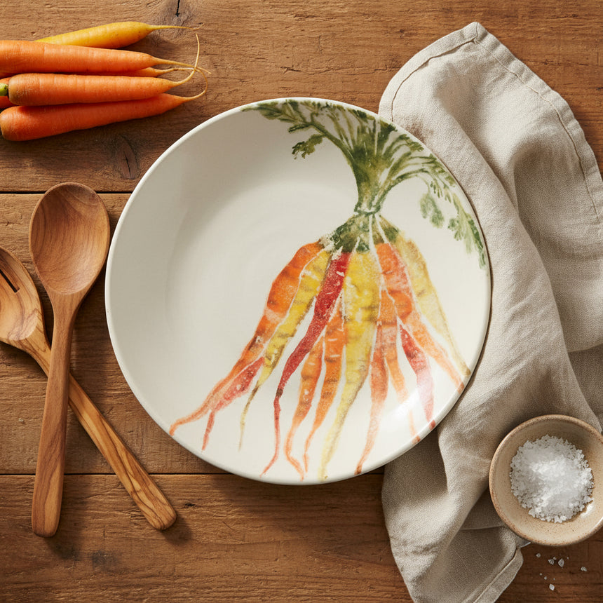 A round earthenware supper plate with hand-printed illustration of heritage carrots and green leaves on a white background.