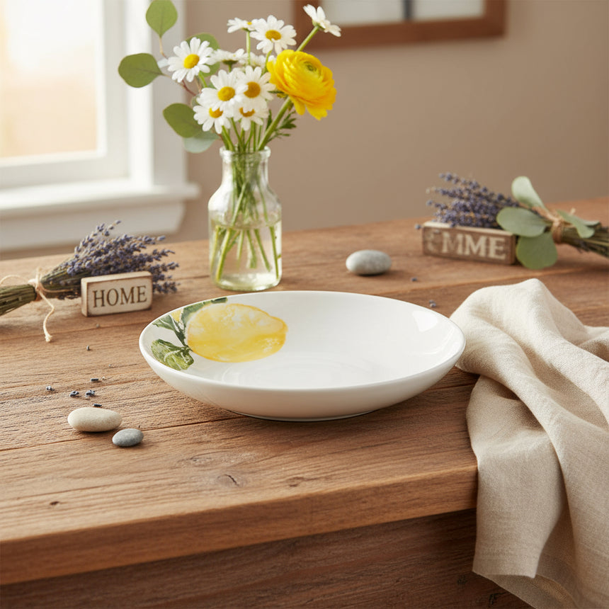 A white earthenware supper bowl with a hand printed illustration of a Sicilian lemon on the vine, with vibrant yellow and green colors.