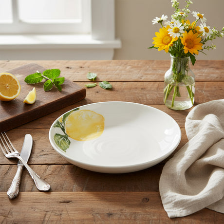 White ceramic bowl with lemon design on a white background