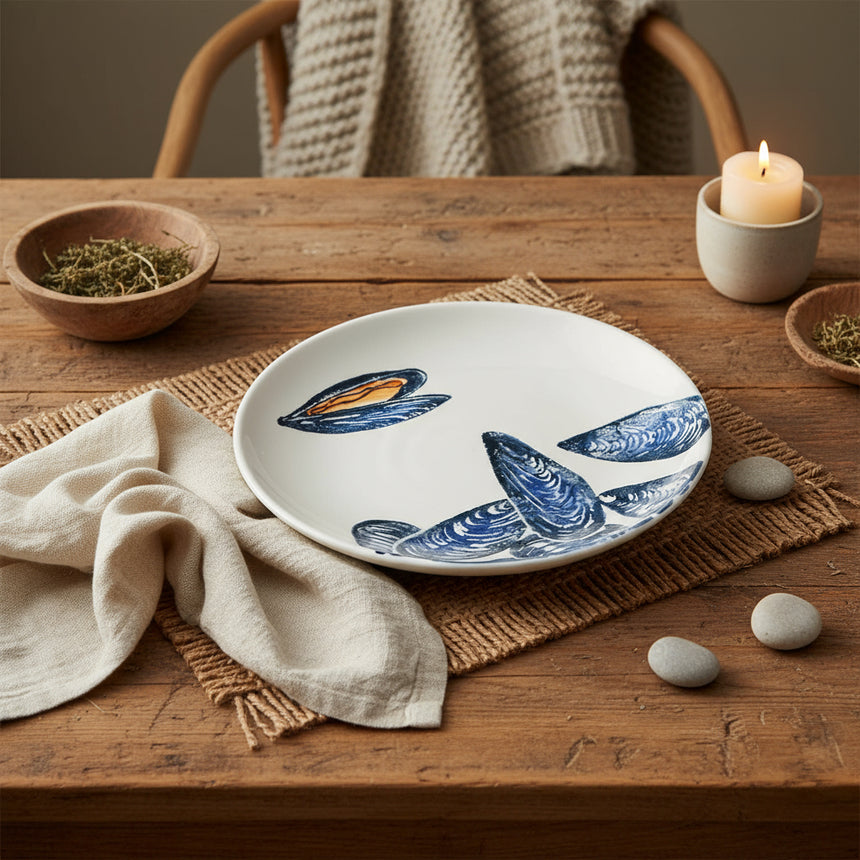 Round ceramic plate with blue mussel shell design on a white background