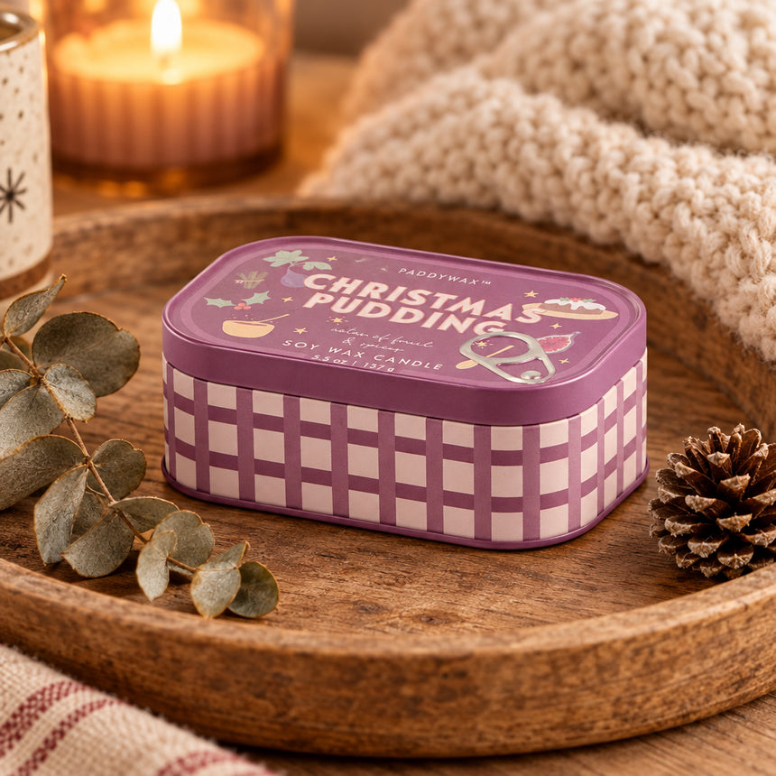 Purple and white checkered tin with 'Christmas Pudding' text on a white background
