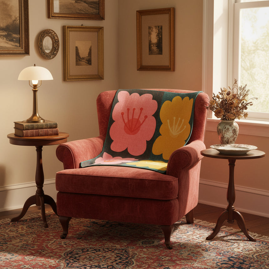 wool blanket with pink and yellow floral designs on a dark background