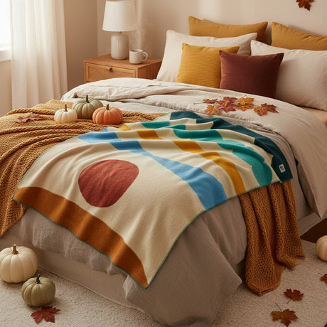 Blanket with abstract design featuring a red circle, blue stripes, and green shapes on a beige background.