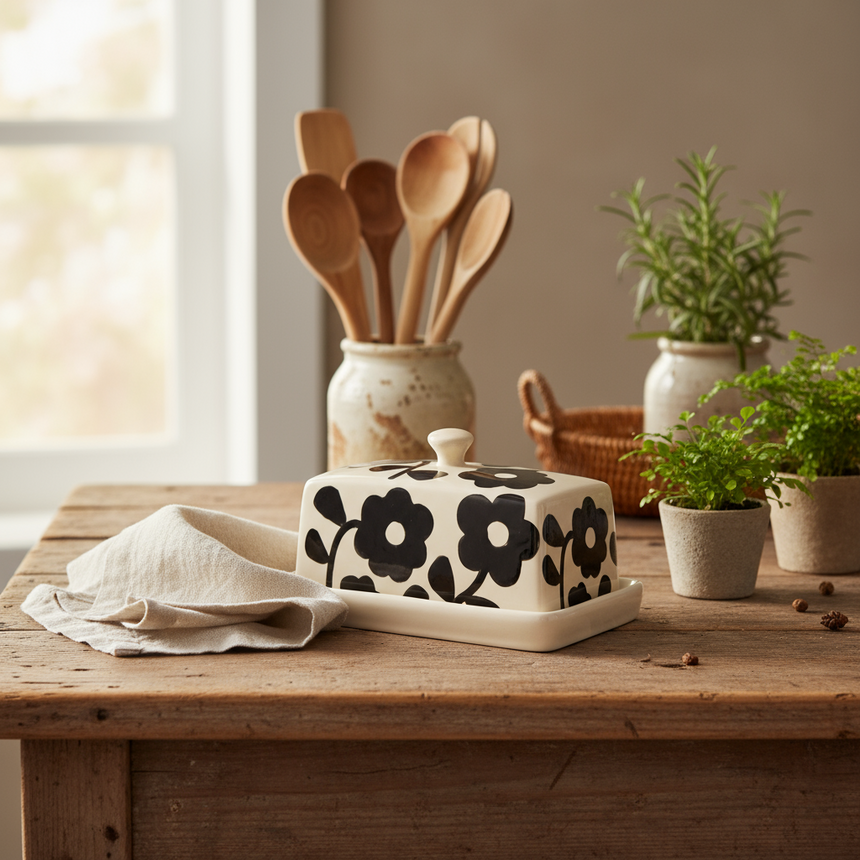 A hand-painted stoneware butter dish with a monochrome floral design, featuring a lid with a handle on top.