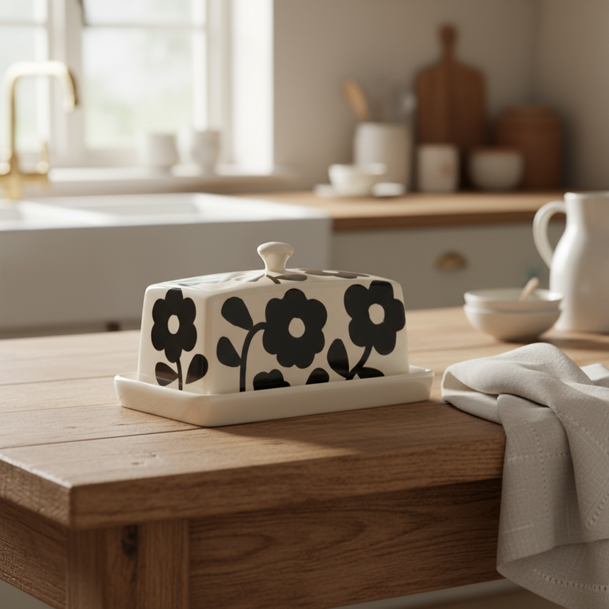 Ceramic butter dish with black floral design on a white background