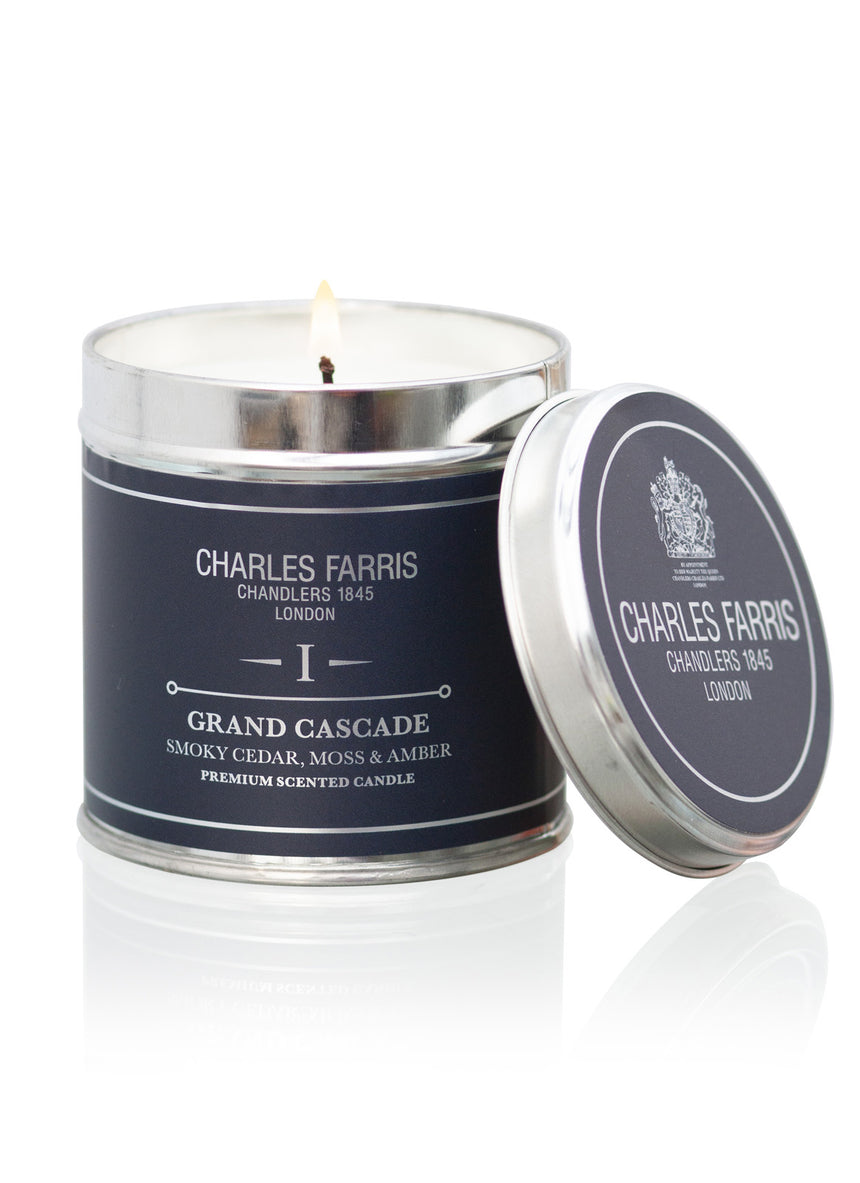 Charles Farris Grand Cascade Scented Tin Candle, Smoky Cedar, Moss and Amber