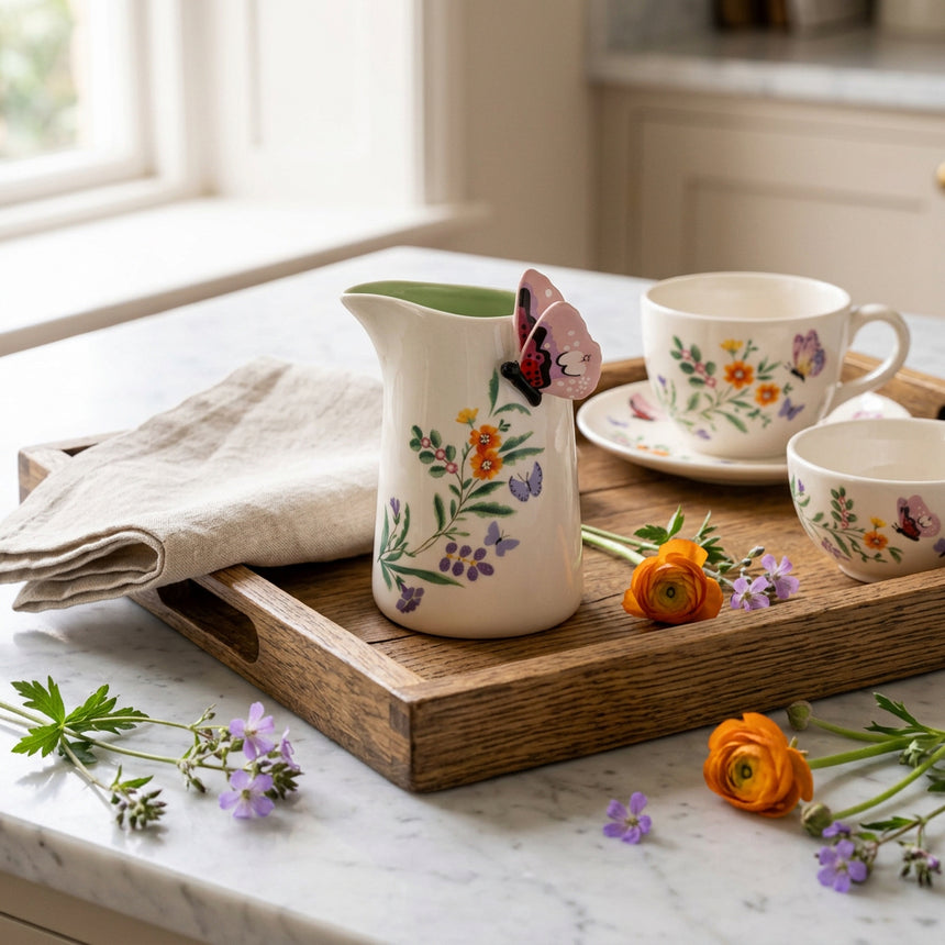 A small white ceramic pitcher decorated with colorful floral and butterfly motifs, featuring a pink butterfly perched on the spout, set against a plain white background.