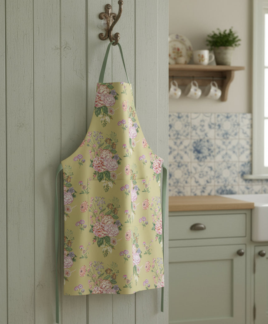 A yellow apron with a floral pattern featuring pink and green flowers and leaves, with a pastel green neck and waist strap, and a front pocket.