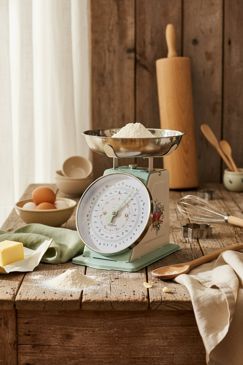 Vintage-style kitchen scale with floral design on a wooden surface and striped wall background.