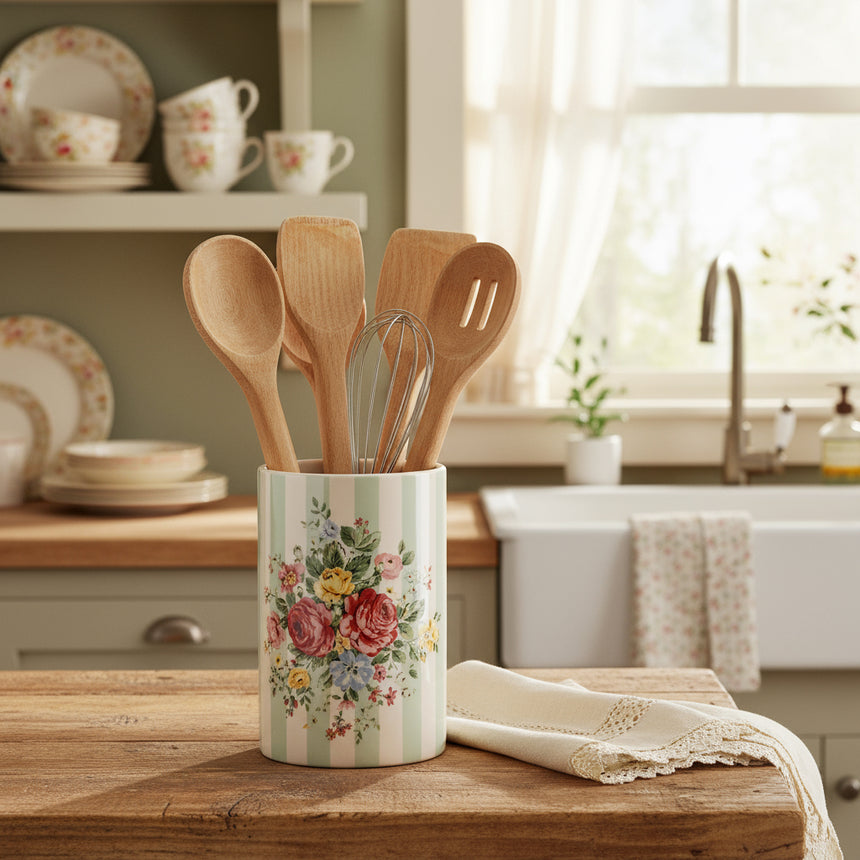 Cylindrical ceramic vase with floral design and striped pattern on a white background