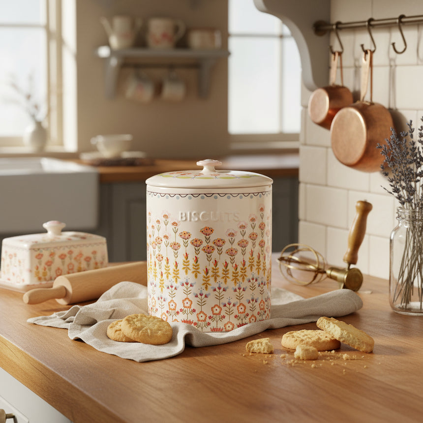 A beige ceramic biscuit jar with a floral pattern and embossed text, designed by Cath Kidston.