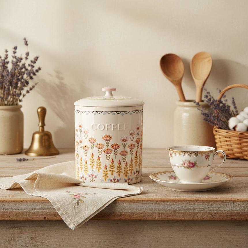 A beige ceramic coffee storage jar with a floral pattern and the word 'COFFEE' embossed on the lid.