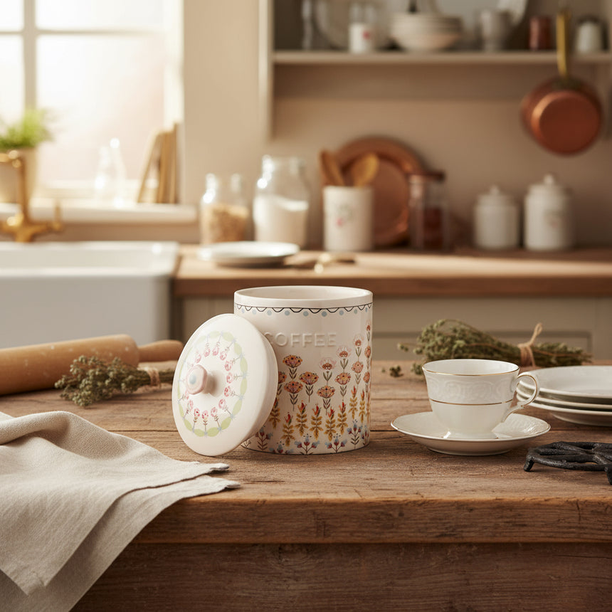 A beige ceramic biscuit jar with a floral pattern and a matching lid, featuring the Cath Kidston brand.