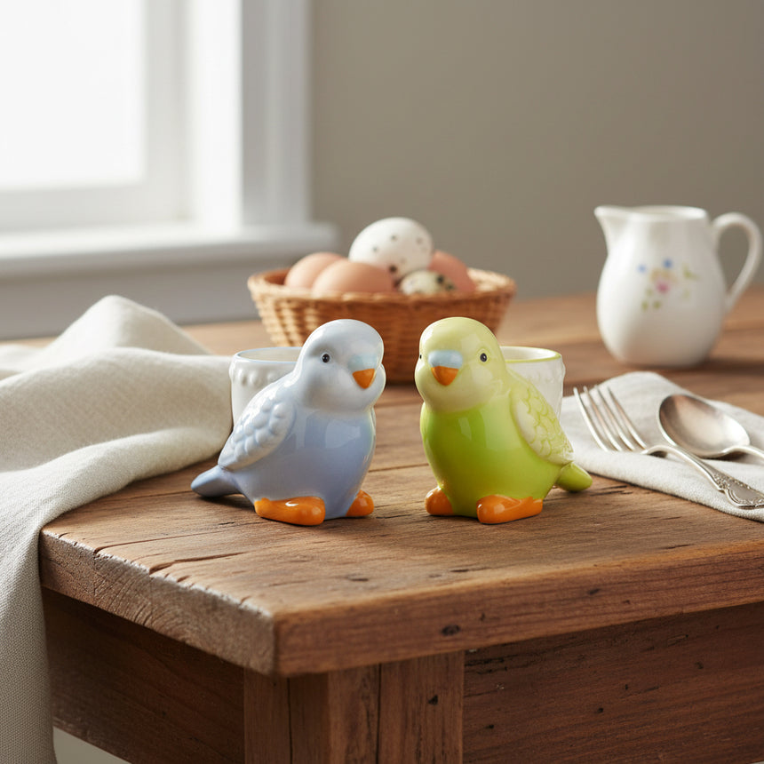 Two ceramic egg cups shaped like birds with hand painted details, one blue and one green, on a white background.