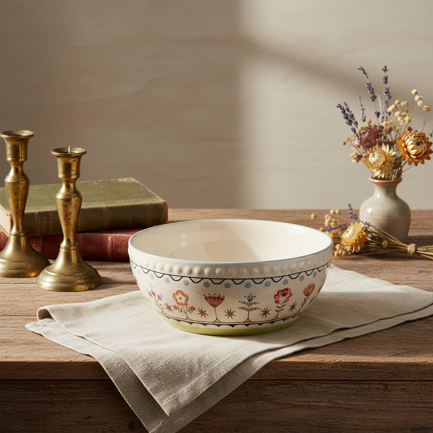 A beige Cath Kidston stoneware large serving bowl with a vintage floral pattern.