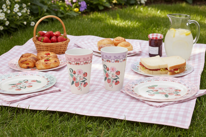 Set of four floral-patterned cups on a white background