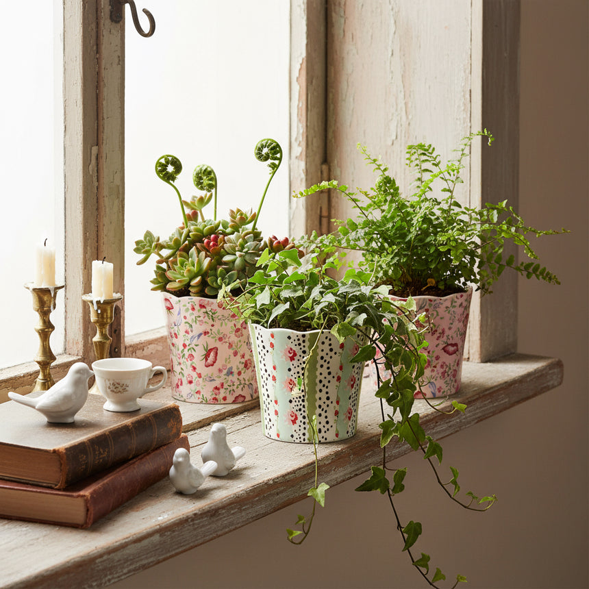 A set of three mini plant pots with a floral pattern in pastel colors.