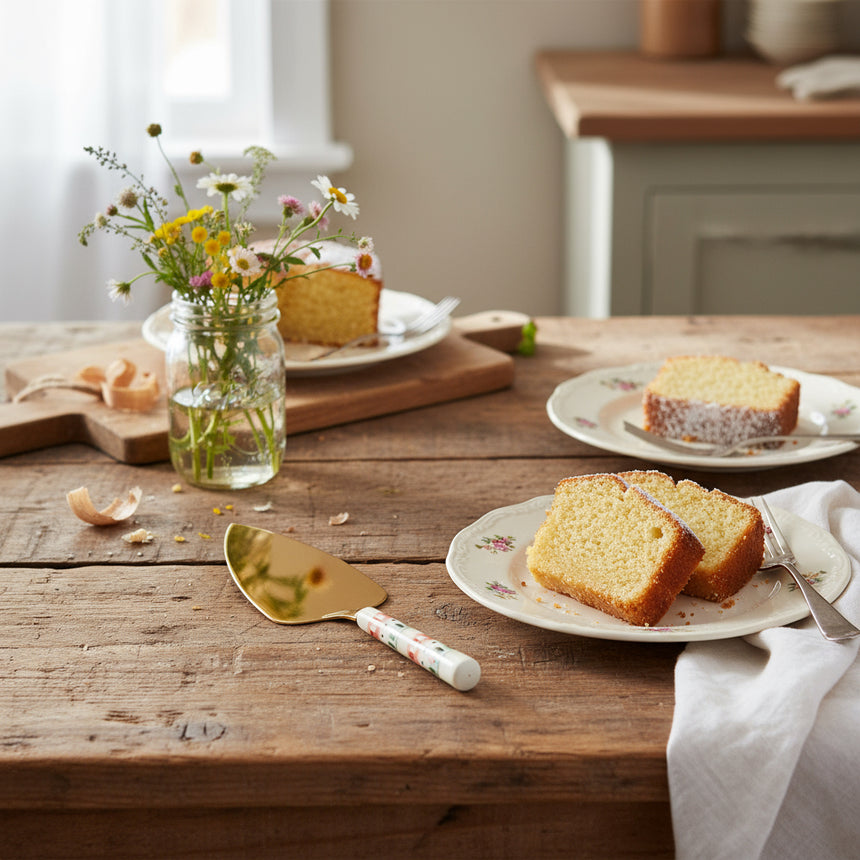 Gold cake server with a patterned handle on a white background