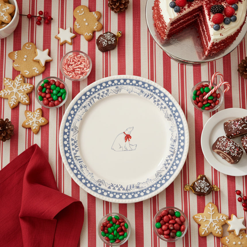 Round plate with a polar bear design and blue decorative border on a white background